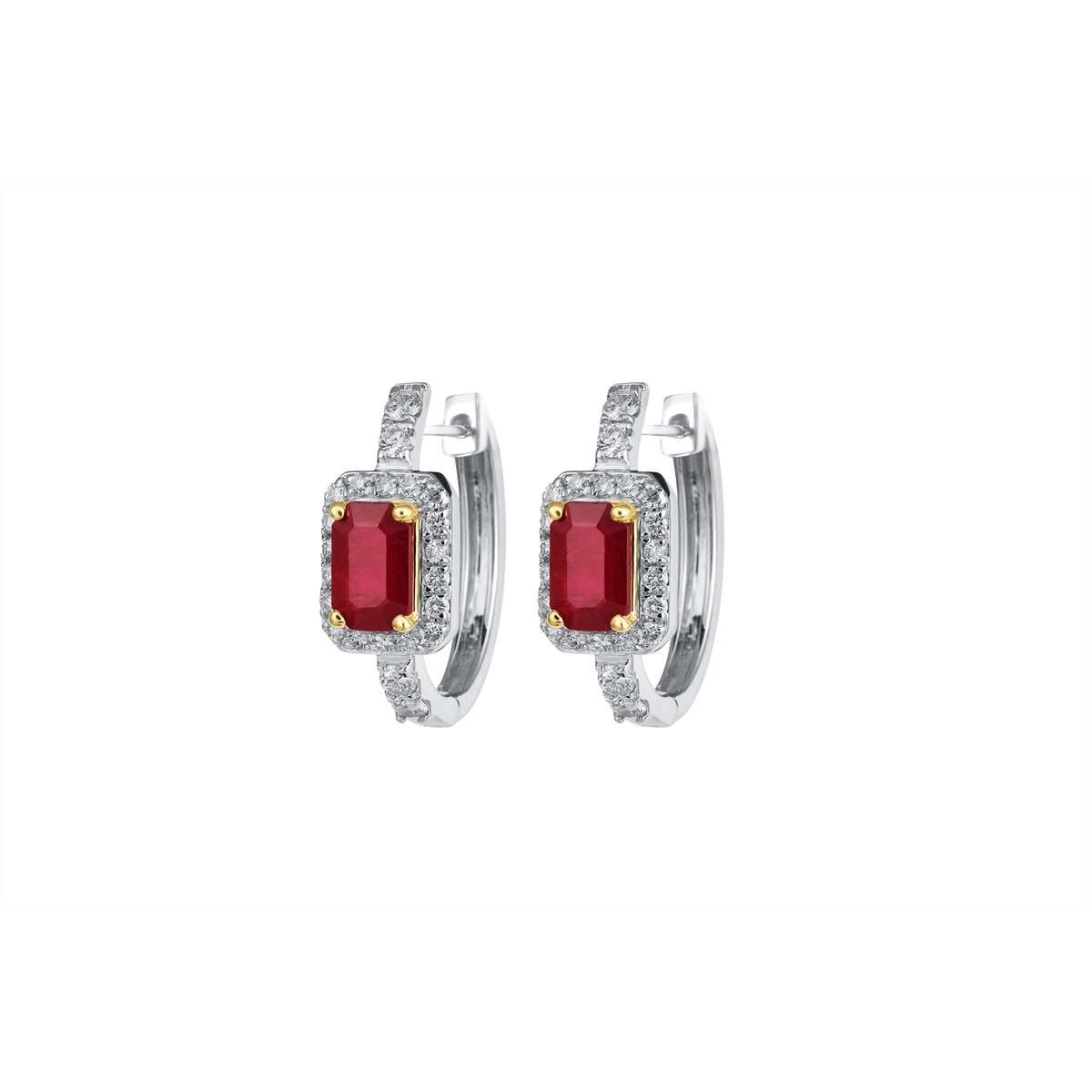 14K White and Yellow Gold Ruby with Diamond Halo Hoop Earrings