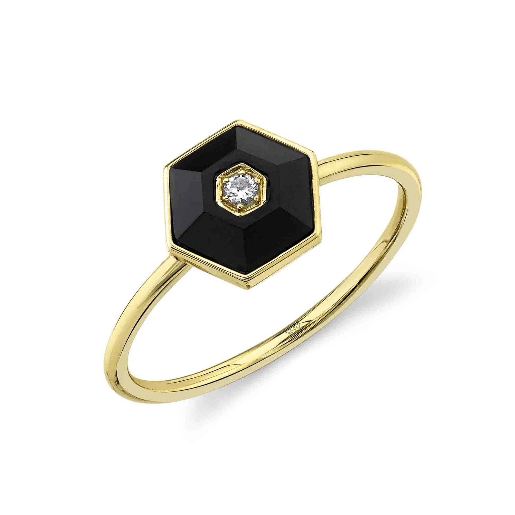 14K White or Yellow Gold 0.03 Carat Diamond & Black Onyx Hexagon Ring