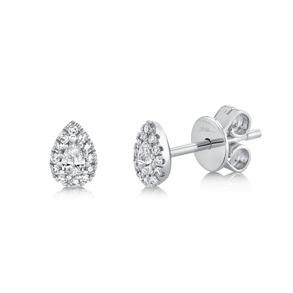 14K White Gold 0.18 Carat Total Weight Pear Diamond Halo Stud Earrings