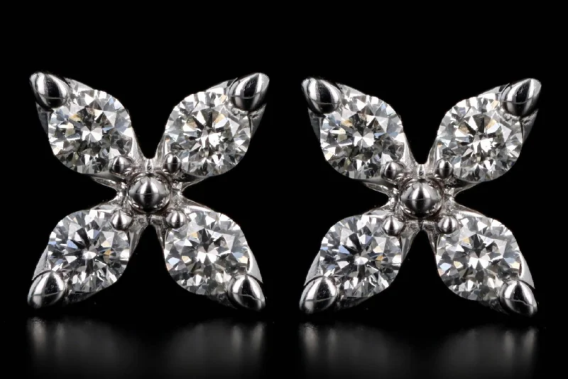 14K White Gold 0.37 Carat Total Weight Diamond Clover Flower Stud Earrings