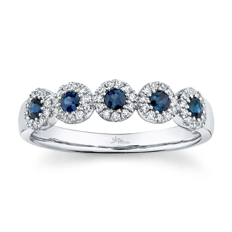 14K White Gold Blue Sapphire & Diamond Halo Band