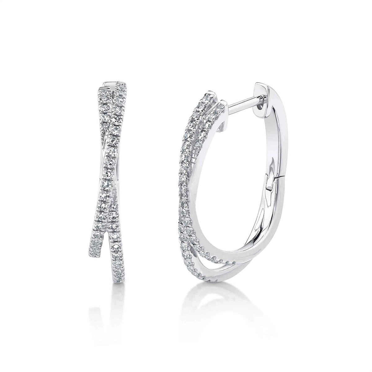 14K White Gold Crossover Diamond Hoop Earrings