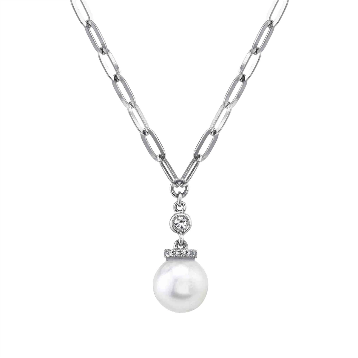 14K White Gold Cultured Pearl & Diamond Paperclip Link Necklace