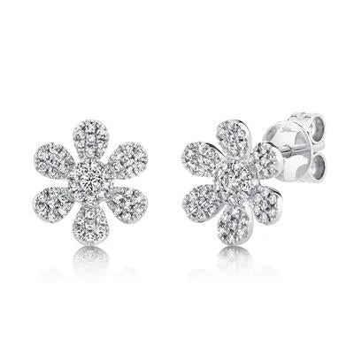 14K White Gold Diamond Flower Stud Earrings