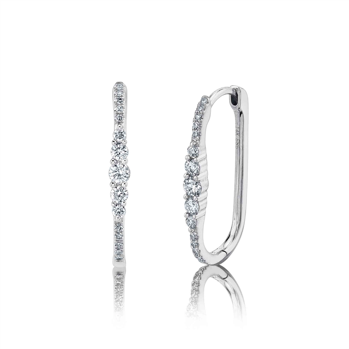 14K White Gold Diamond Oval Hoop Earrings