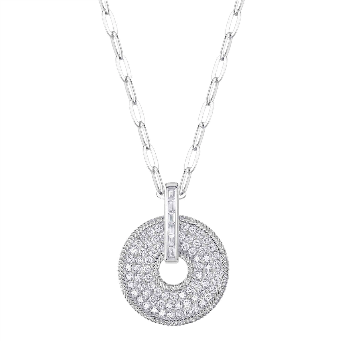 14K White Gold Round Diamond Open Disc Pendant on Paperclip Chain