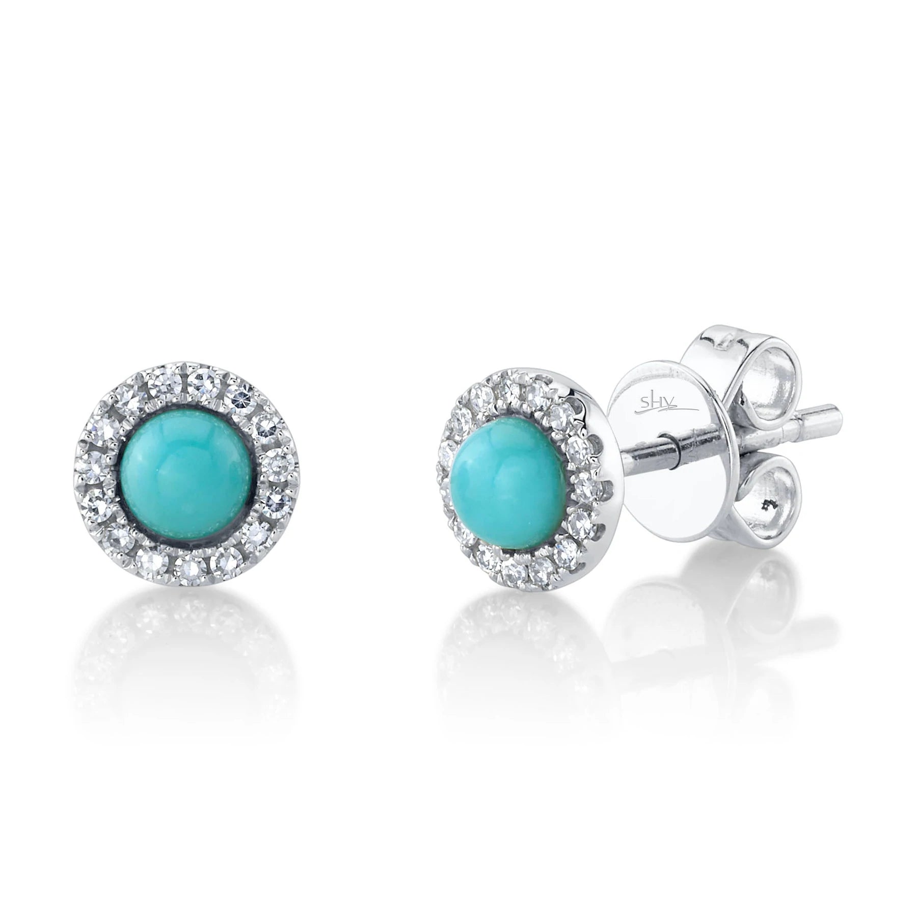 14K White Gold Turquoise & Diamond Halo Stud Earrings