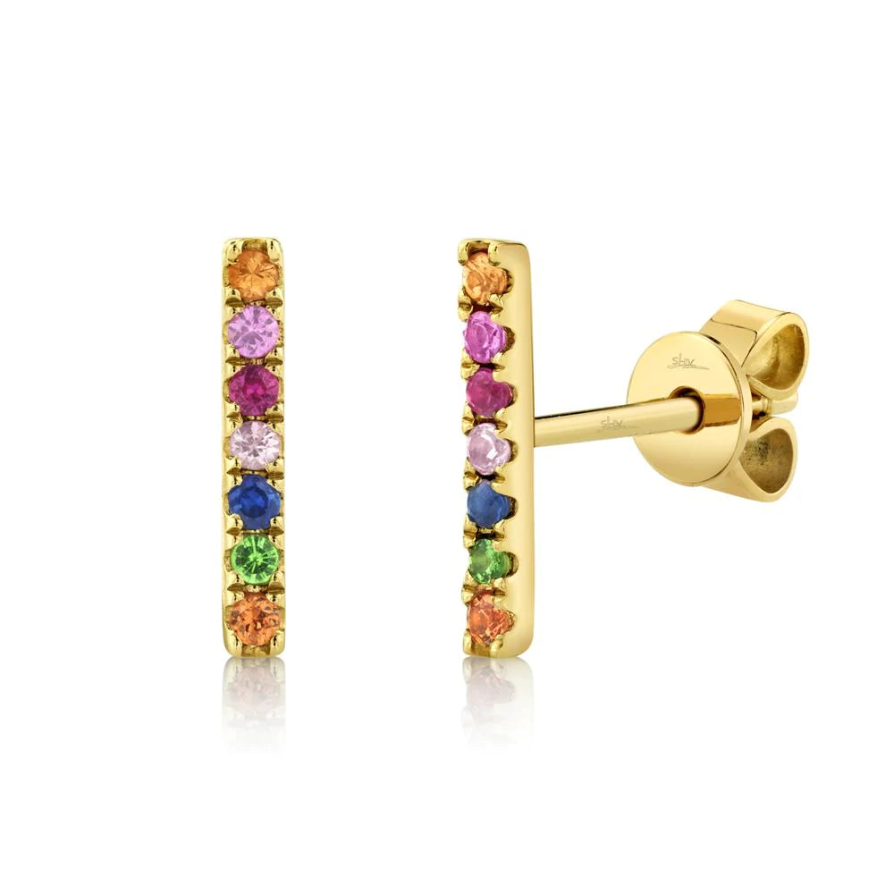 14K Yellow Gold 0.17 Carat Total Weight Multi-Color Stone Bar Stud Earrings