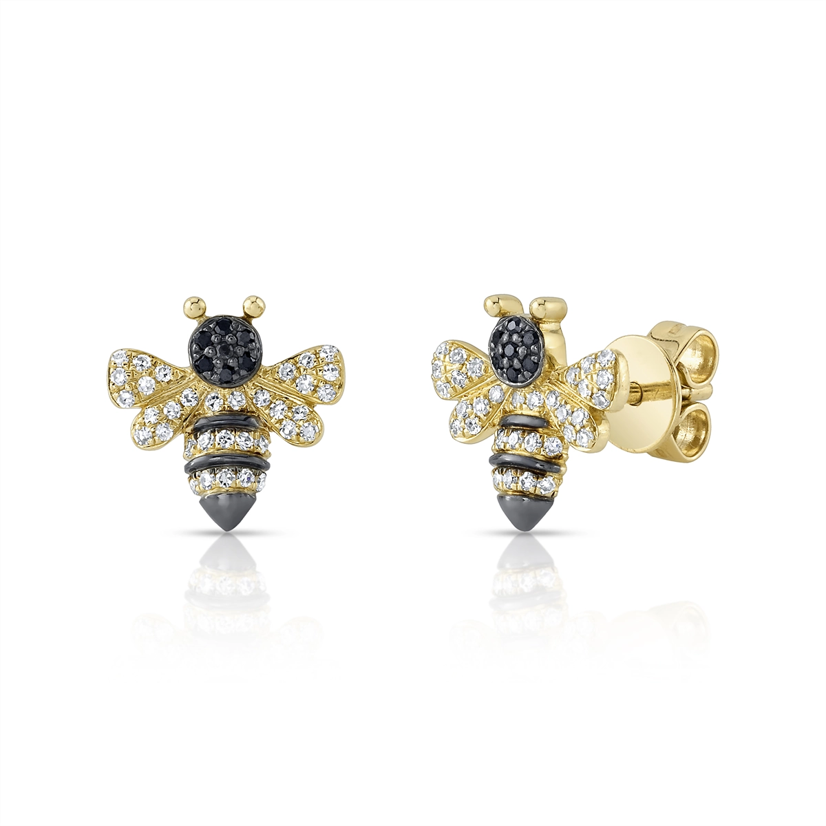 14K Yellow Gold Black and White Diamond Bee Stud Earrings