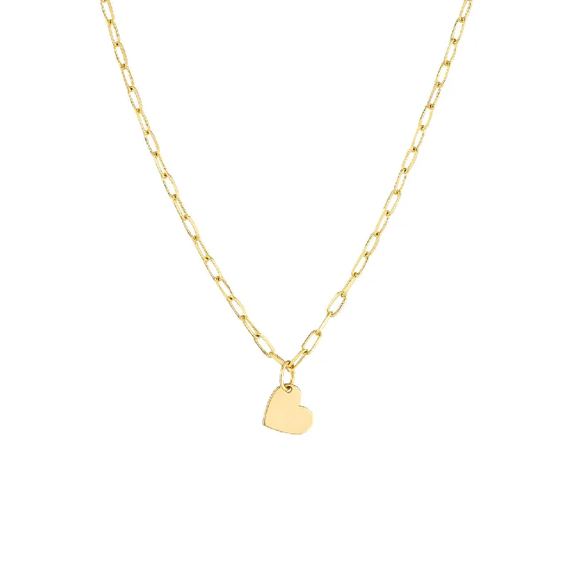 14K Yellow Gold Heart Pendant Paperclip Chain Necklace