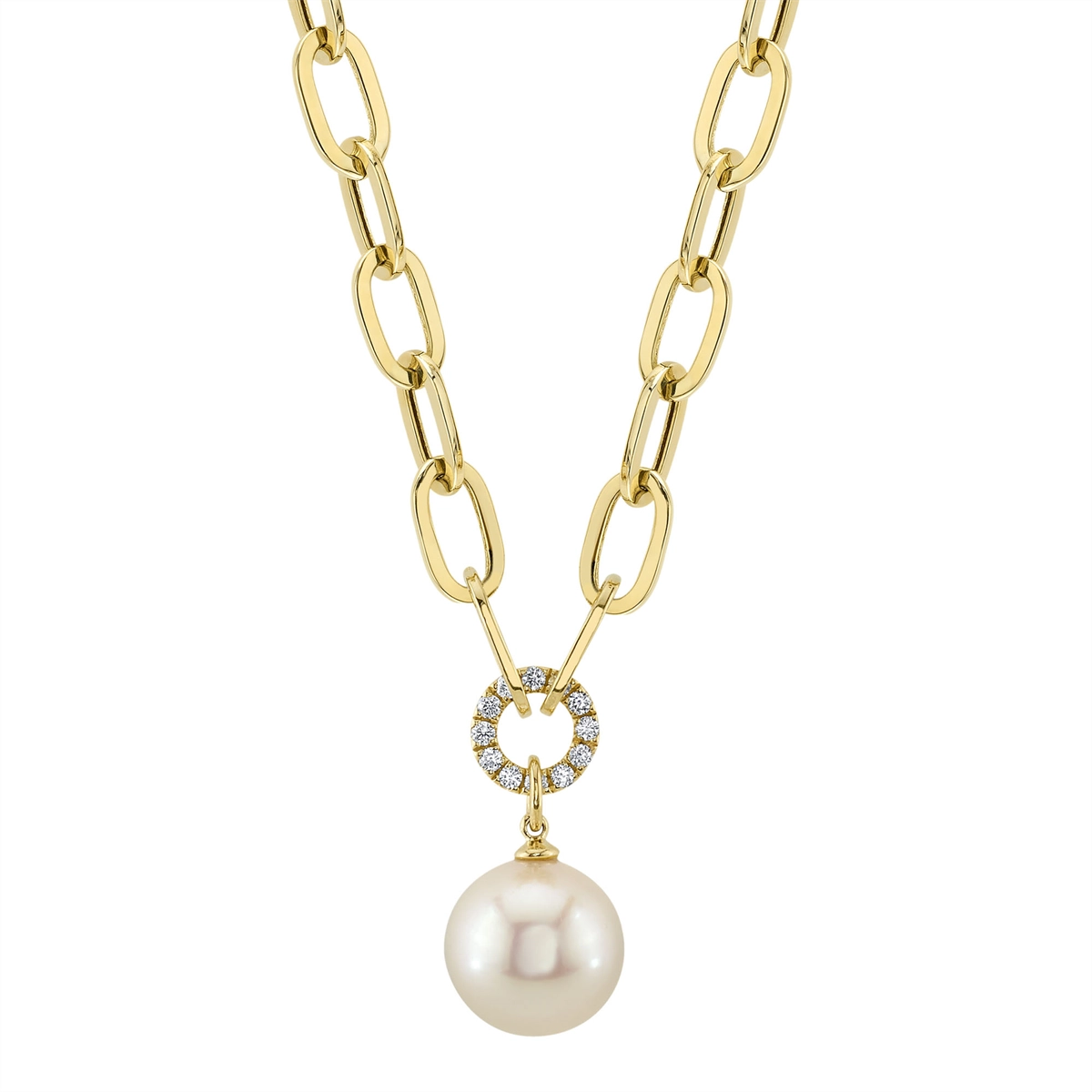 14K Yellow Gold Diamond and Cultured Pearl Paperclip Link Necklace