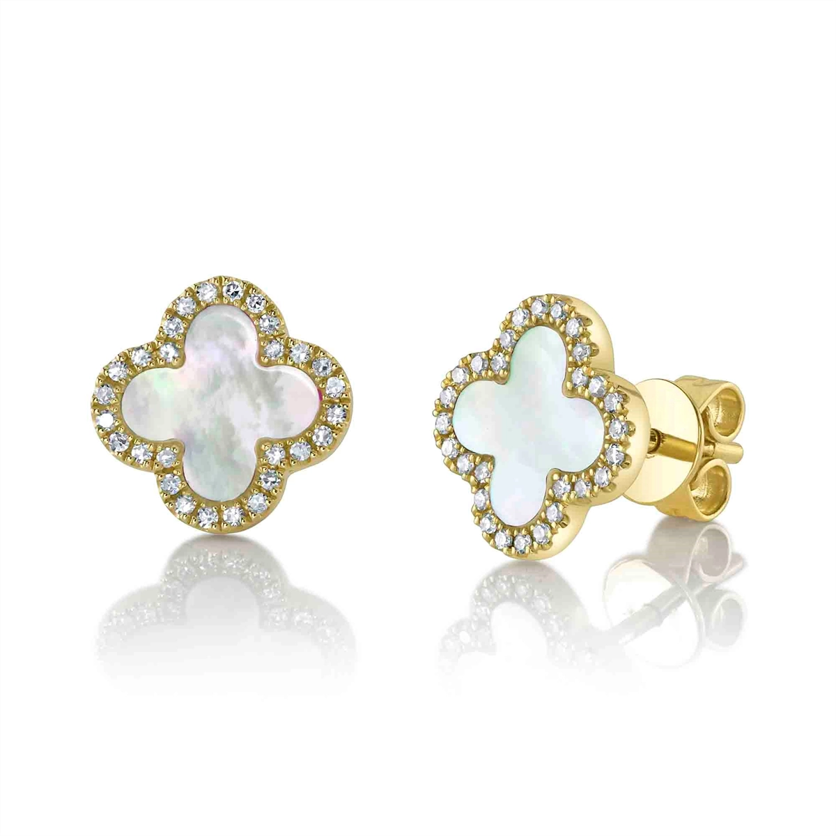 14K Yellow Gold Diamond and Mother of Pearl Clover Stud Earrings