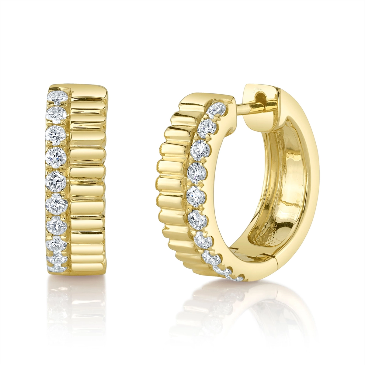 14K Yellow Gold Diamond Huggie Hoop Earrings