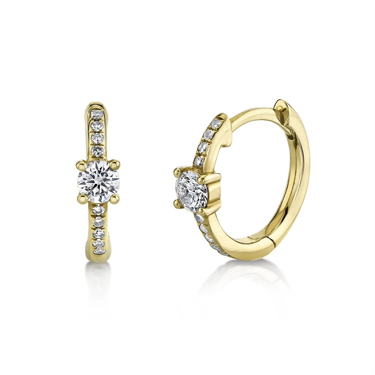 14K Yellow Gold Diamond Huggie Hoop Earrings