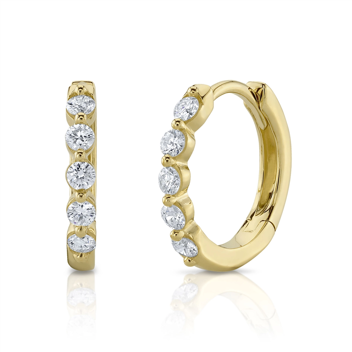 14K Yellow Gold Diamond Huggie Hoop Earrings