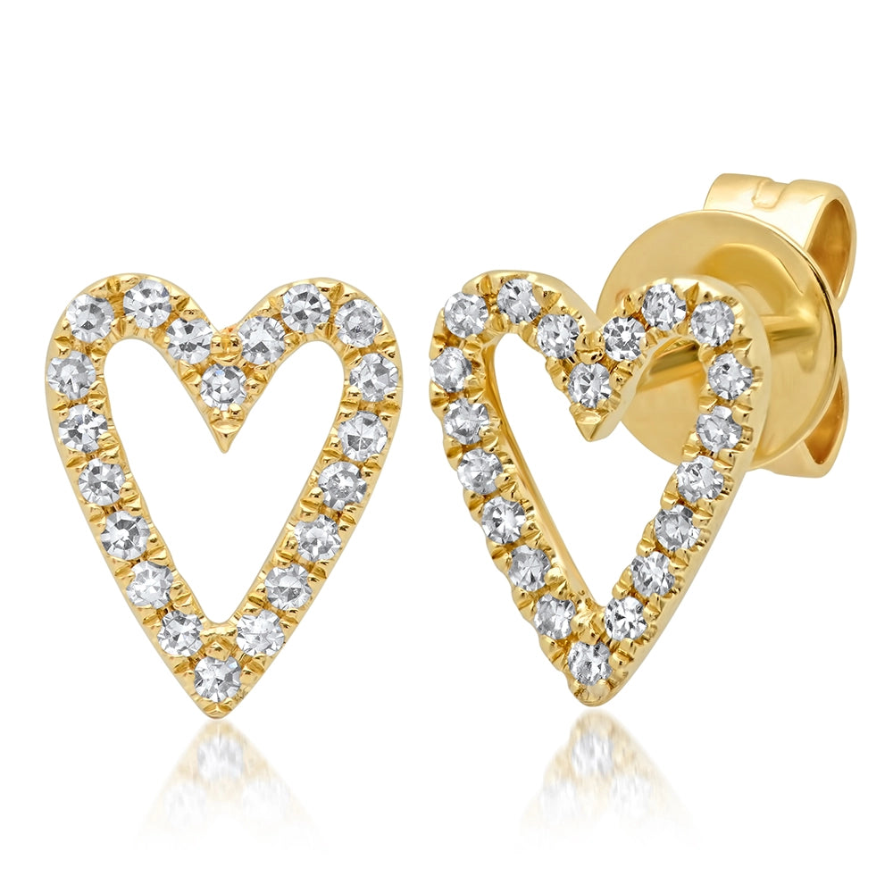 14K Yellow Gold Diamond Open Heart Stud Earrings