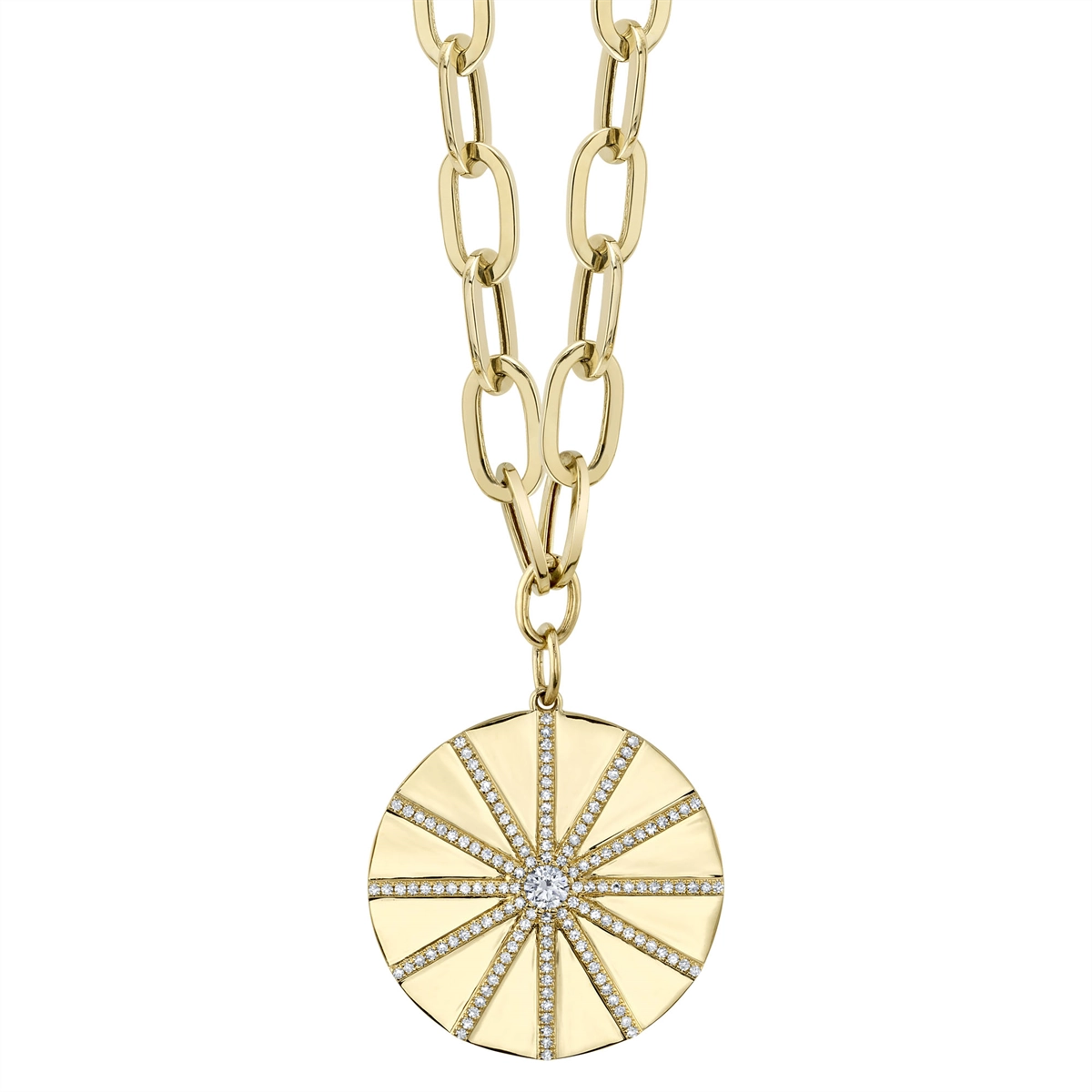 14K Yellow Gold Diamond Paperclip Link Necklace with Round Diamond Disc