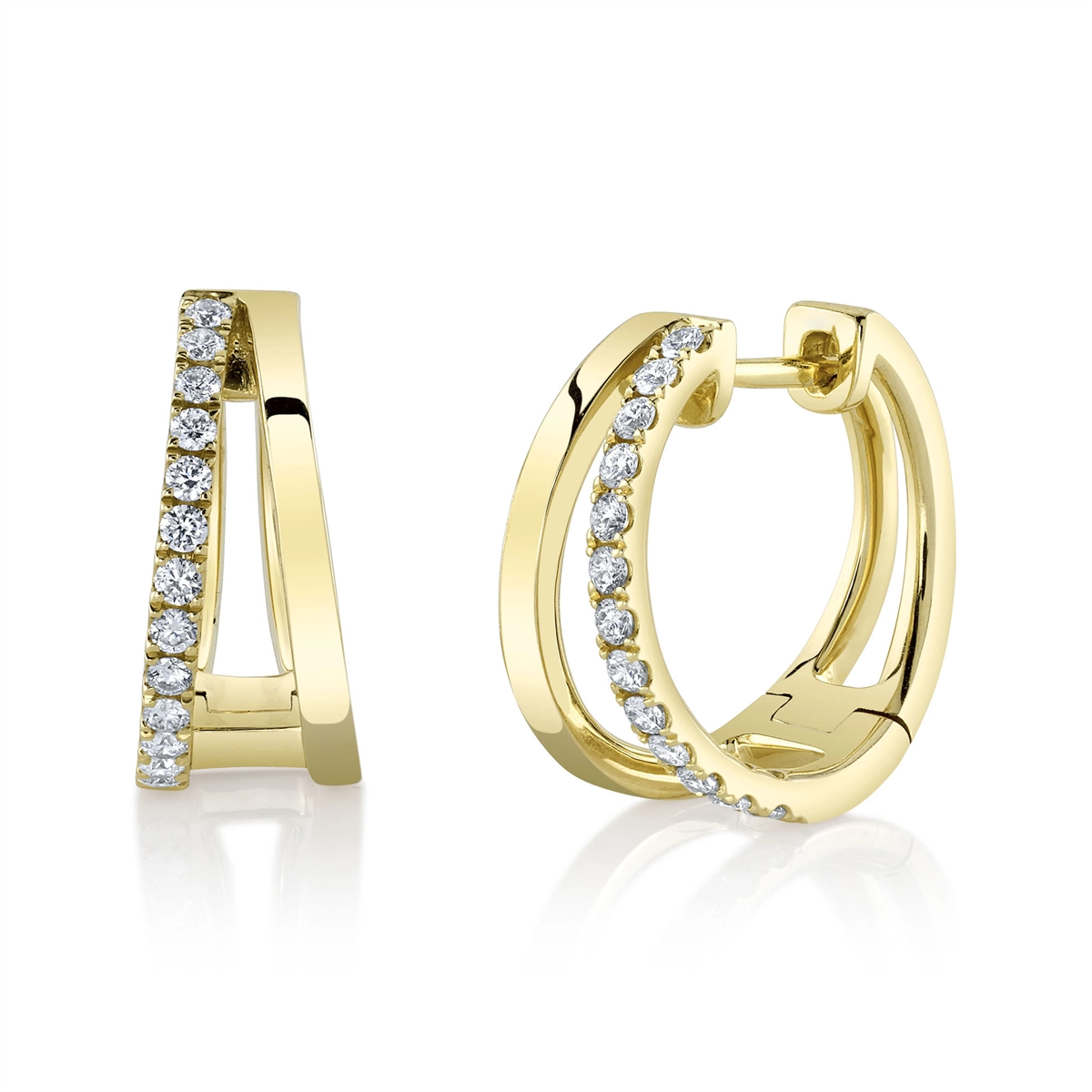 14K Yellow Gold Double Diamond Hoop Earrings