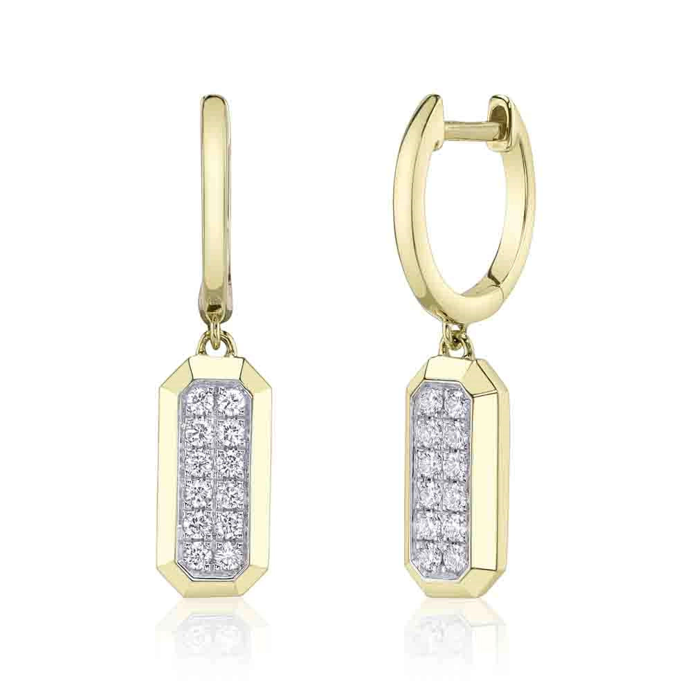 14K Yellow Gold Elongated Octagon with 14K White Gold Cluster Diamond Center Hoop Earrings