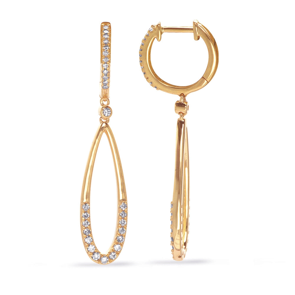 14K Yellow Gold Elongated Pear Design Diamond Dangle Hoop Earrings