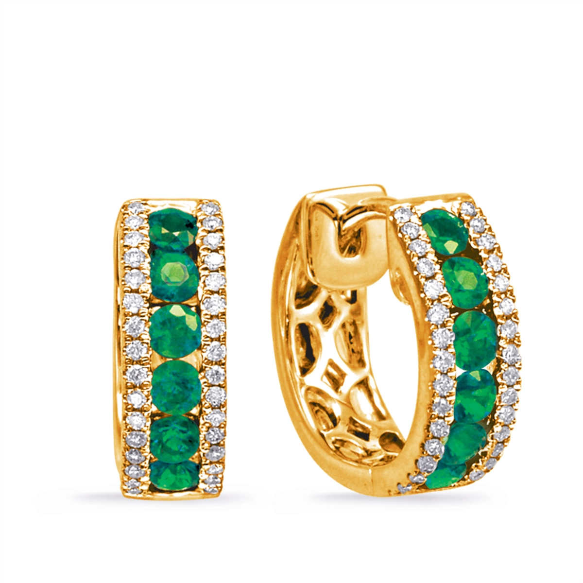 14K Yellow Gold Emerald and Diamond Hoop Earrings