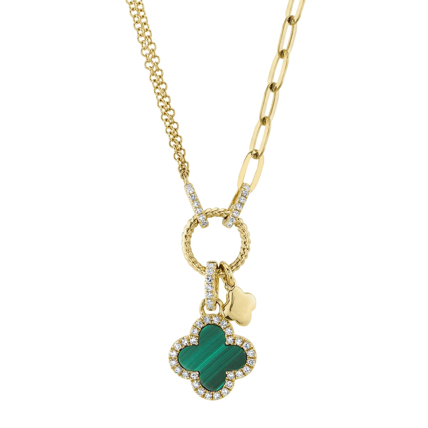 14K Yellow Gold Malachite & Diamond Clover Paperclip Link Pendant Necklace