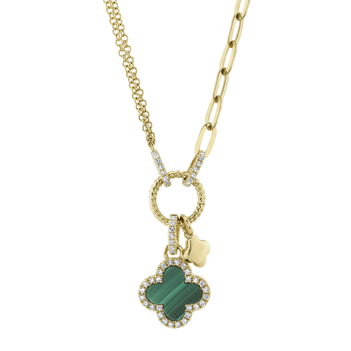 14K Yellow Gold Malacite and Diamond Clover Pendant with Paperclip and Double Chain Necklace