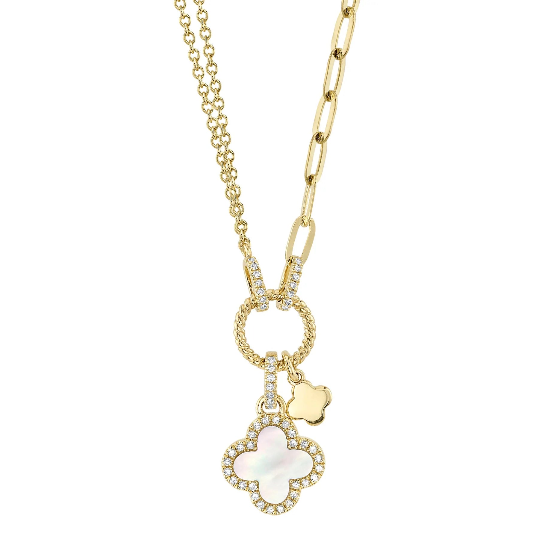 14K Yellow Gold Mother of Pearl & Diamond Clover Paperclip Link Pendant Necklace