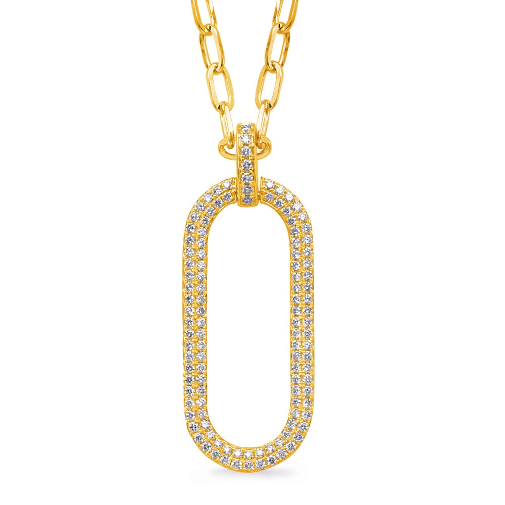 14K Yellow Gold Open Oval Diamond Pendant on Paperclip Chain Necklace