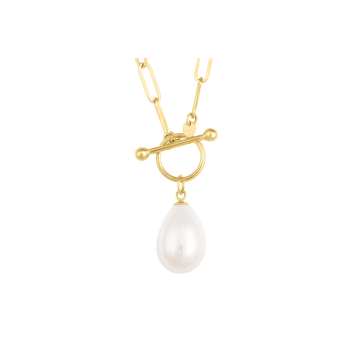 14K Yellow Gold Paperclip Chain Necklace with Single Elongated Cultured Freshwater Pearl