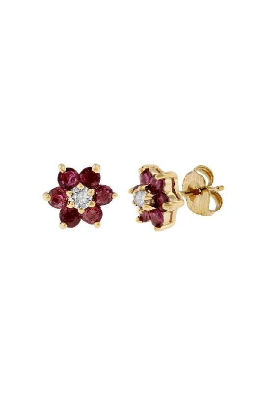 14K Yellow Gold Ruby and Diamond Flower Stud Earrings