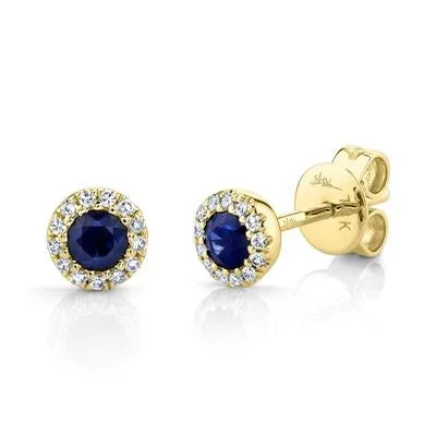 14K Yellow Gold Sapphire & Diamond Halo Stud Earrings