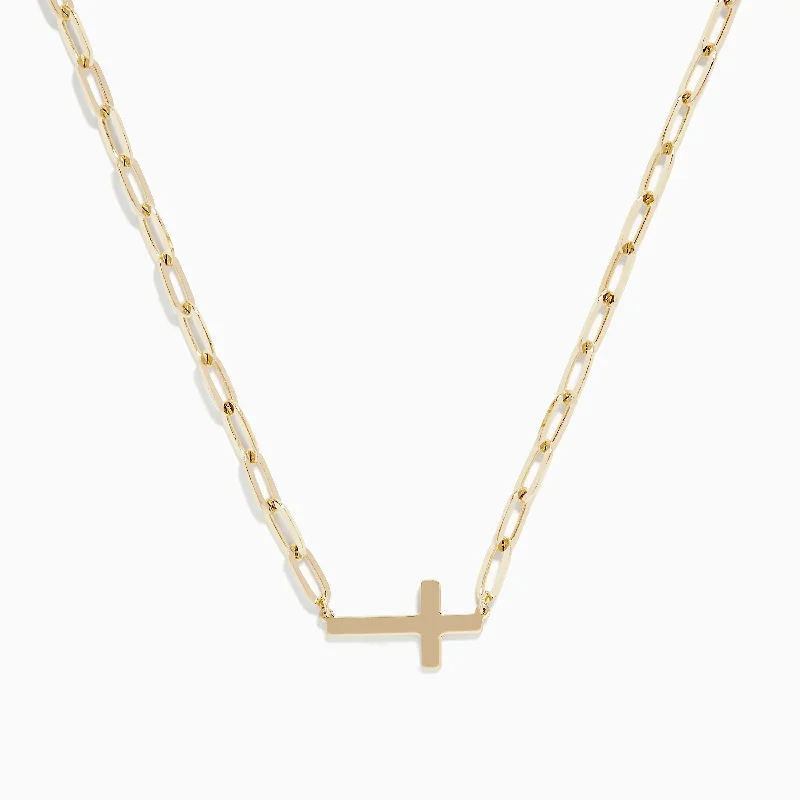 14K Yellow Gold West-East Cross Paperclip Chain Necklace 17"