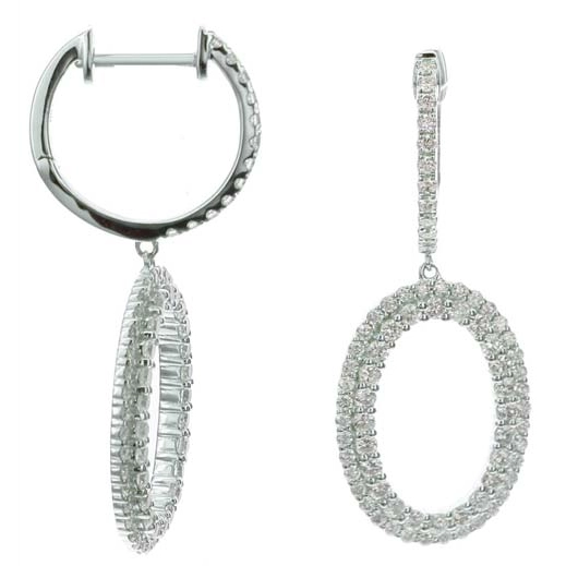 18K White Gold Diamond Hoop Earrings with Open Oval Dangle