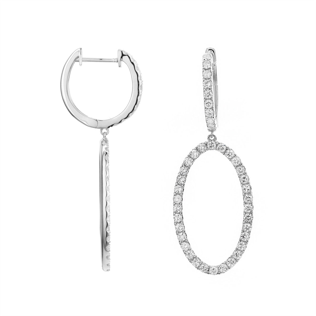 18K White Gold Diamond Hoop Earrings with Open Oval Dangle