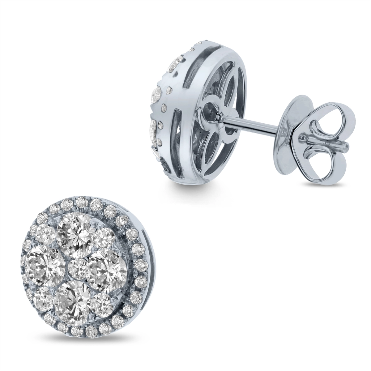 18K White Gold Diamond Round Halo Cluster Stud Earrings