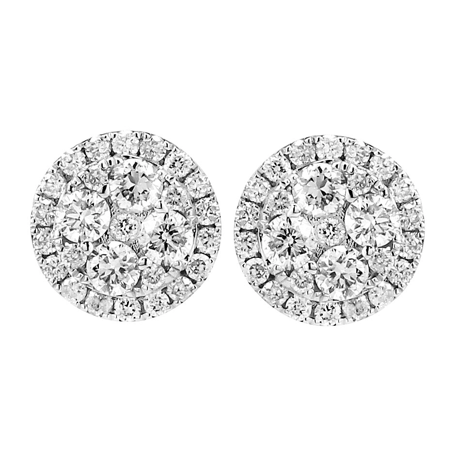 18K White Gold Diamond Round Halo Cluster Stud Earrings