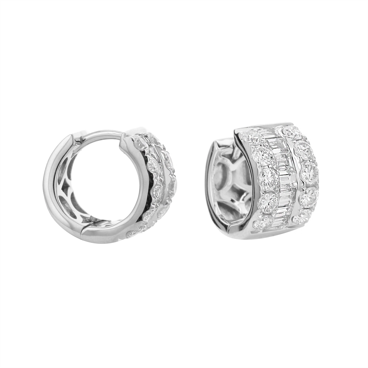 18K White Gold Wide Huggie Hoop Earrings with Round and Baguette Diamonds