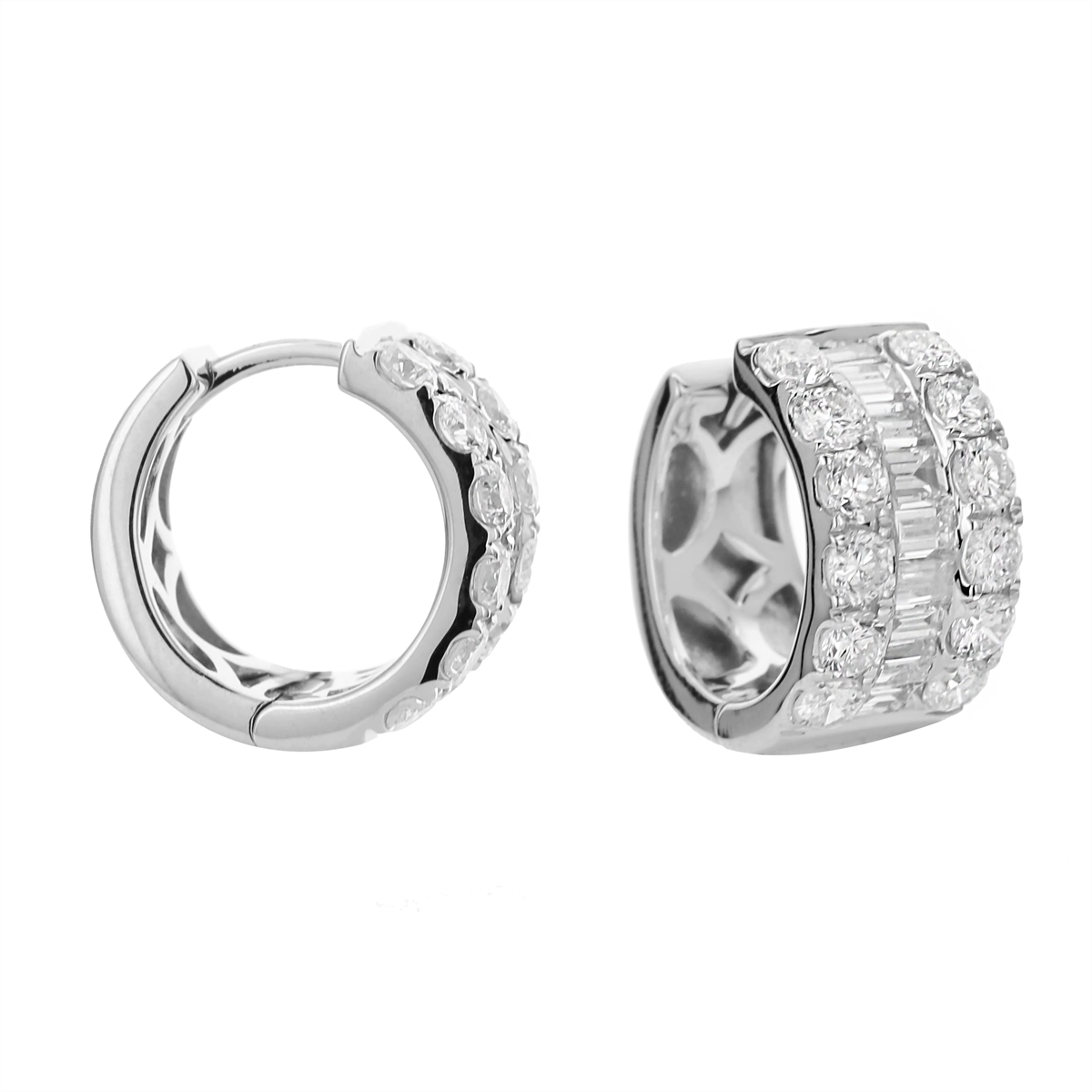 18K White Gold Wide Huggie Hoop Earrings with Round and Baguette Diamonds