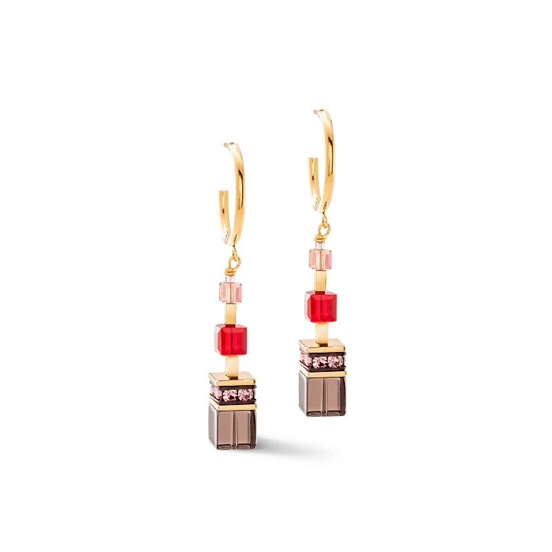 Gold Red GeoCube Hoop Earrings