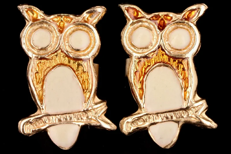 Modern 14K Yellow Gold Enamel Owl Stud Earrings