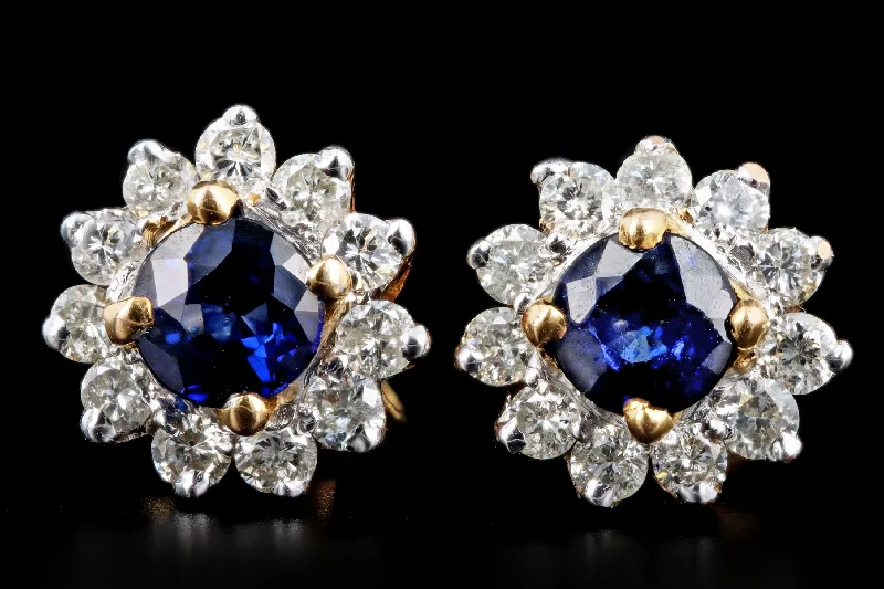 18k Yellow Gold Round Natural Sapphire & Diamond Halo Stud Earrings