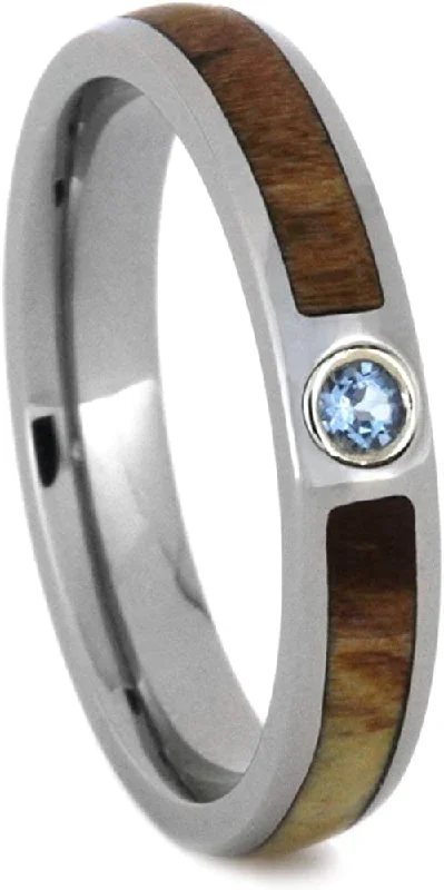 Aquamarine, Petrified Wood 4mm Comfort-Fit Titanium Wedding Band, Size 4.25