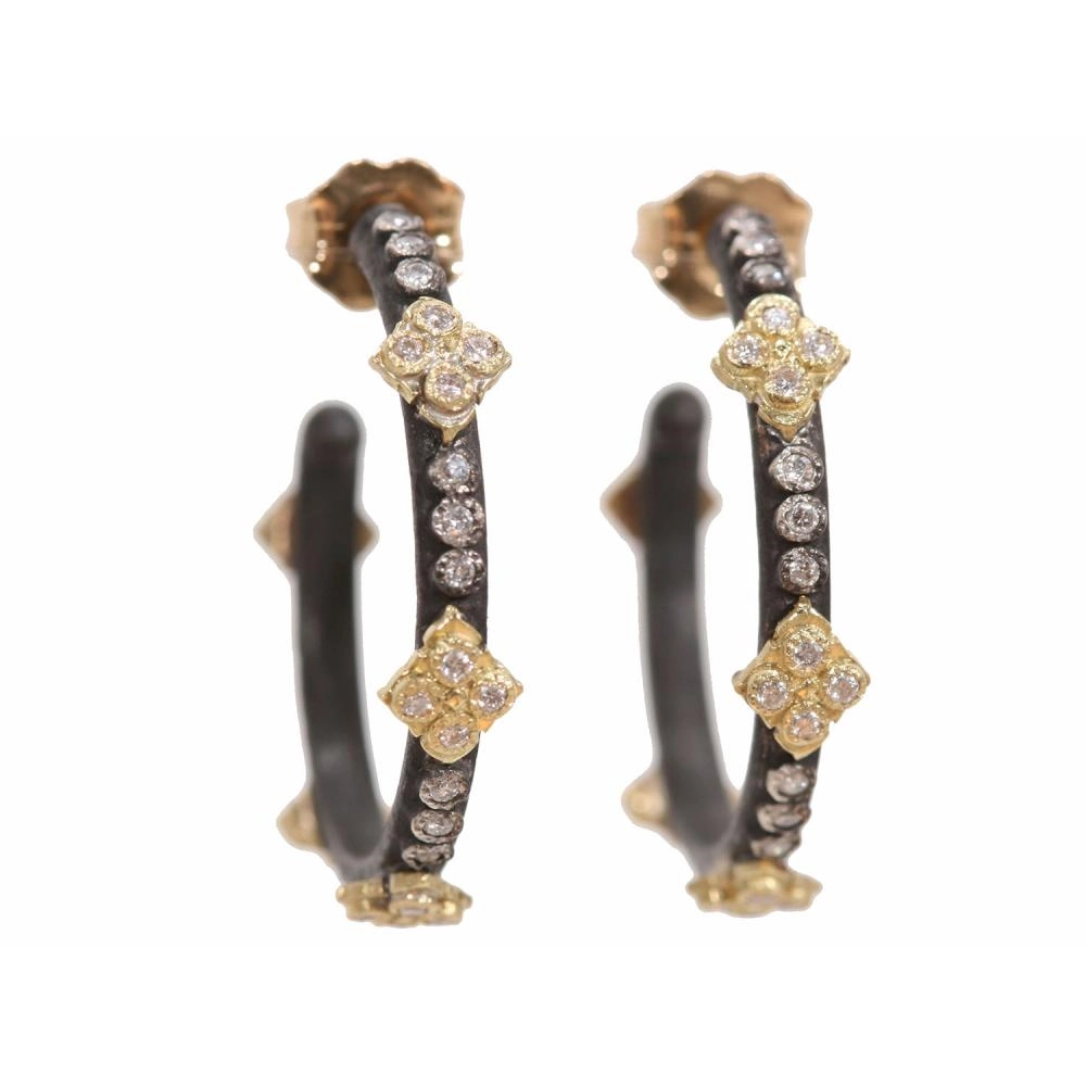 Armenta Old World Blackened Sterling Silver Diamond Hoop Earrings with 18K Yellow Gold Cravelli Crosses