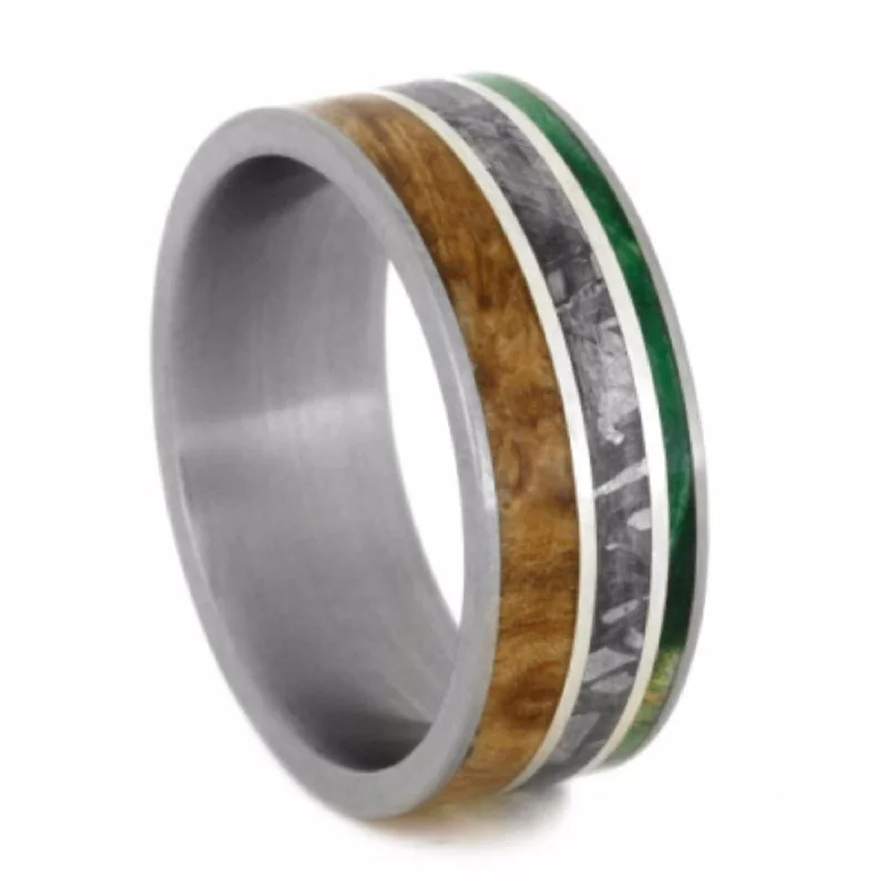 Black Ash, Green Box Elder Burl Wood, Gibeon Meteorite 8mm Comfort-Fit Matte Titanium Wedding Band, Size 6.75