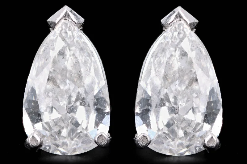 14K White Gold 2.89 Carat Total Weight Pear Cut Diamond Stud Earrings GIA Certified