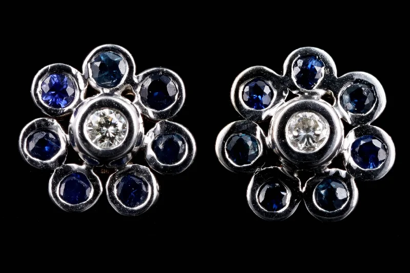 14K White Gold Diamond & Natural Sapphire Flower Cluster Stud Earrings