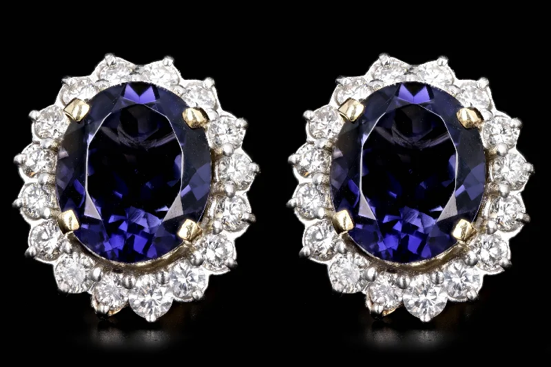 18K Yellow Gold Platinum 10 Carat Total Weight Oval Tanzanite & Diamond Halo Stud Earrings