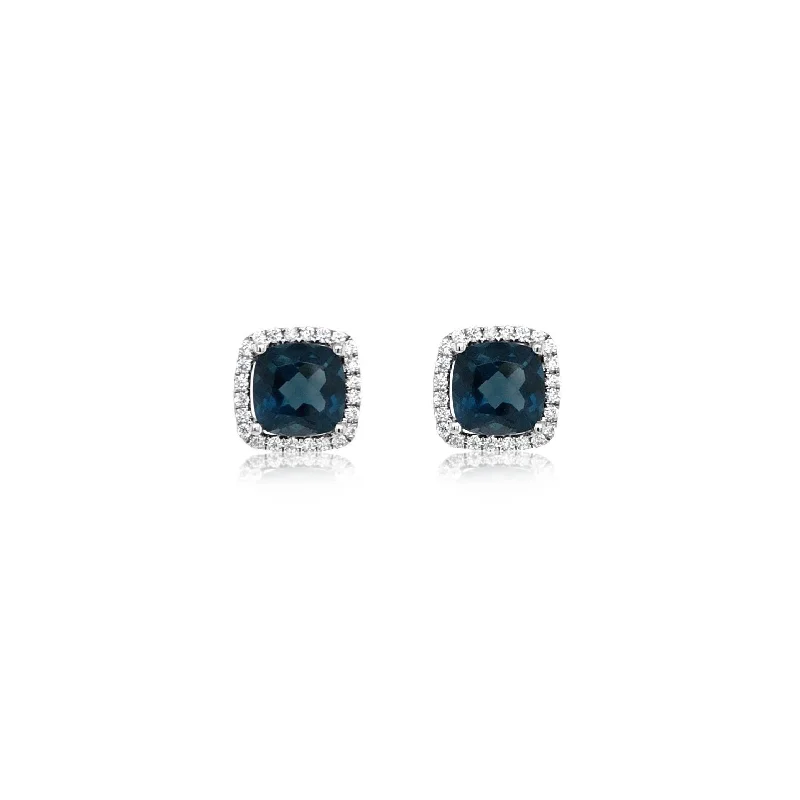 Cushion Shape Diamond Halo Blue Topaz Studs - Doves by Doron Paloma