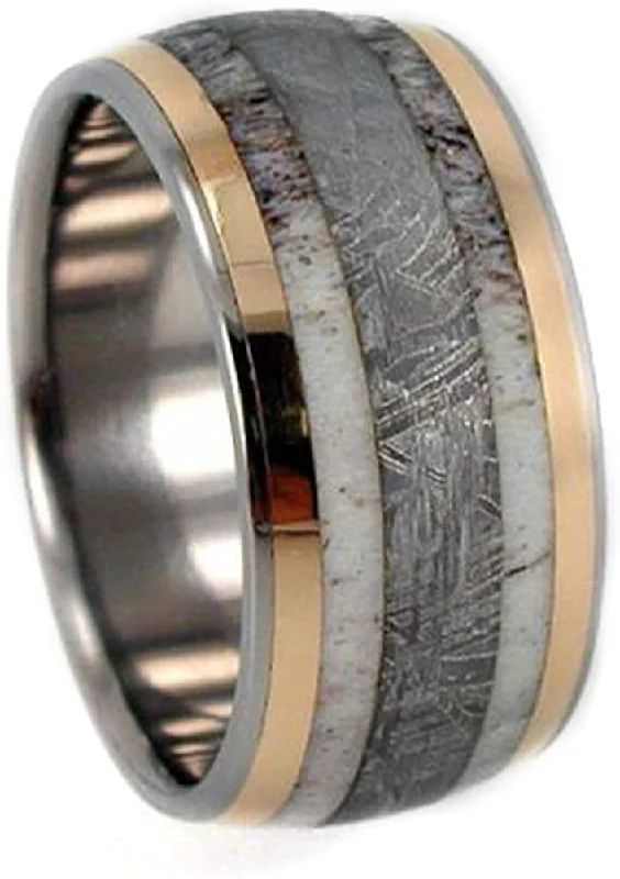 Deer Antler, Gibeon Meteorite, 18k Yellow Gold 10mm Comfort Fit Titanium Wedding Band, Size 10